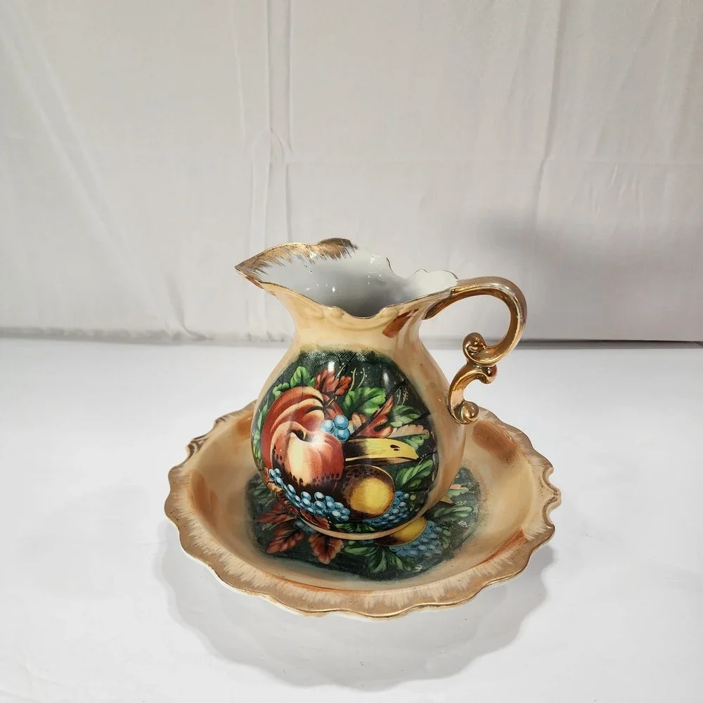 Vintage Fruit Motif Ceramic Pitcher and Basin Set Gold Trim Scalloped Edge 7in